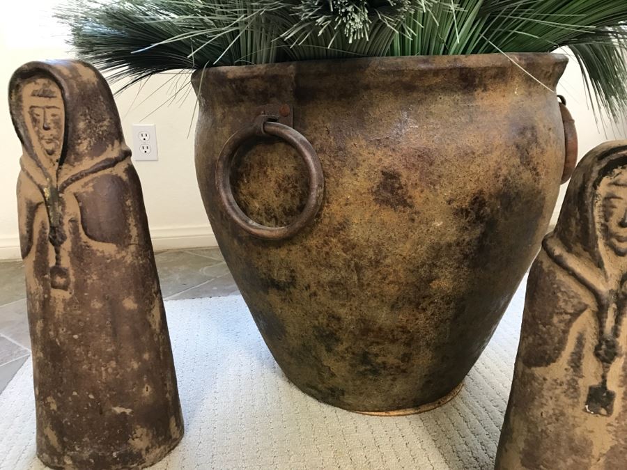 Two Large Statues And A Large Designer Pot With Metal Handles And Faux Flowers [Photo 3]