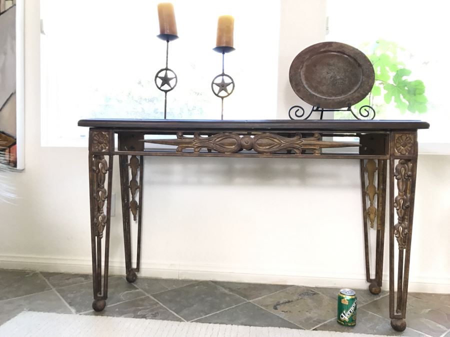 Metal Sofa Console Table With Map Design On Top By Magnussen Presidential Furniture, Pair Of Star Candle Holders And Decorative Plate With Stand