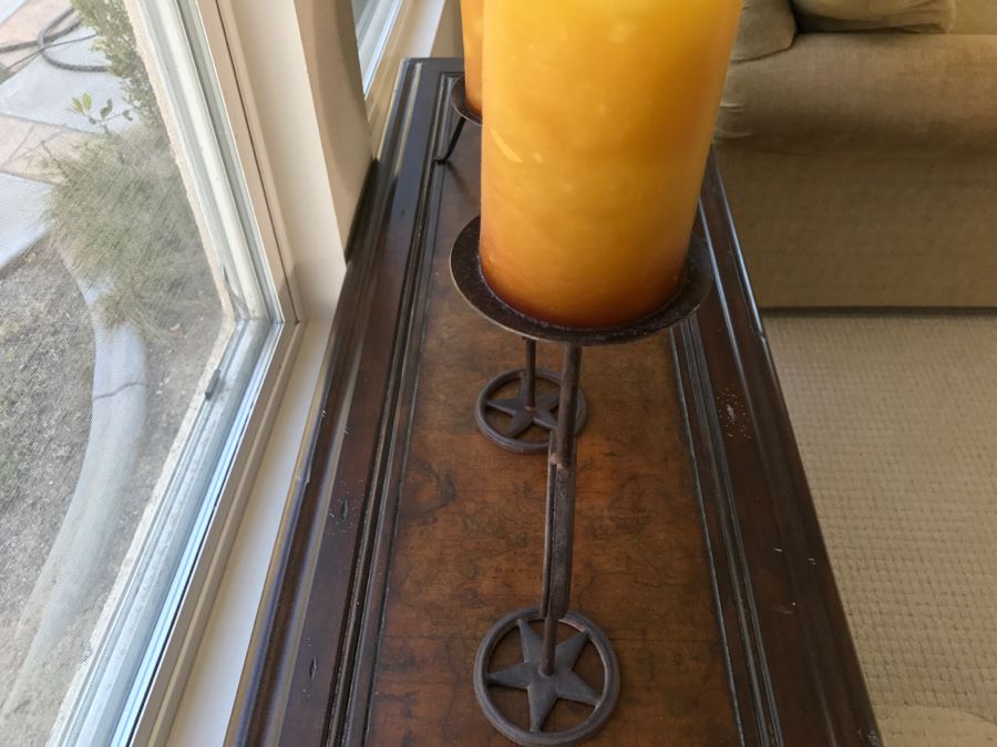 Metal Sofa Console Table With Map Design On Top By Magnussen Presidential Furniture, Pair Of Star Candle Holders And Decorative Plate With Stand [Photo 9]