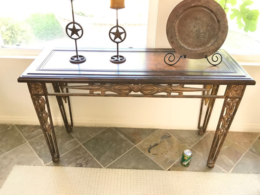 Metal Sofa Console Table With Map Design On Top By Magnussen Presidential Furniture, Pair Of Star Candle Holders And Decorative Plate With Stand [Photo 5]