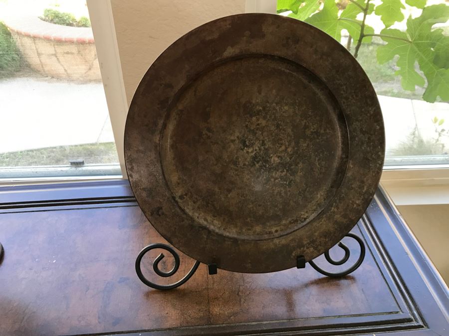 Metal Sofa Console Table With Map Design On Top By Magnussen Presidential Furniture, Pair Of Star Candle Holders And Decorative Plate With Stand [Photo 11]