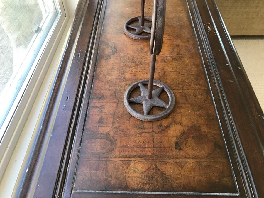 Metal Sofa Console Table With Map Design On Top By Magnussen Presidential Furniture, Pair Of Star Candle Holders And Decorative Plate With Stand [Photo 8]