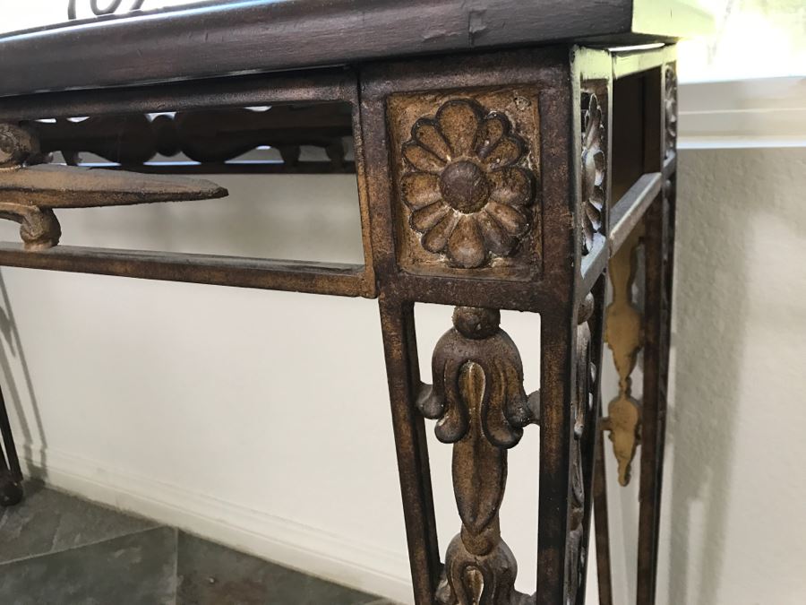 Metal Sofa Console Table With Map Design On Top By Magnussen Presidential Furniture, Pair Of Star Candle Holders And Decorative Plate With Stand [Photo 6]