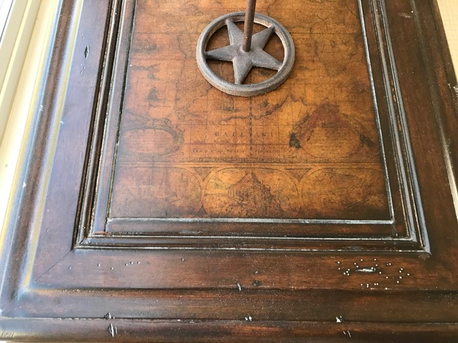 Metal Sofa Console Table With Map Design On Top By Magnussen Presidential Furniture, Pair Of Star Candle Holders And Decorative Plate With Stand [Photo 2]
