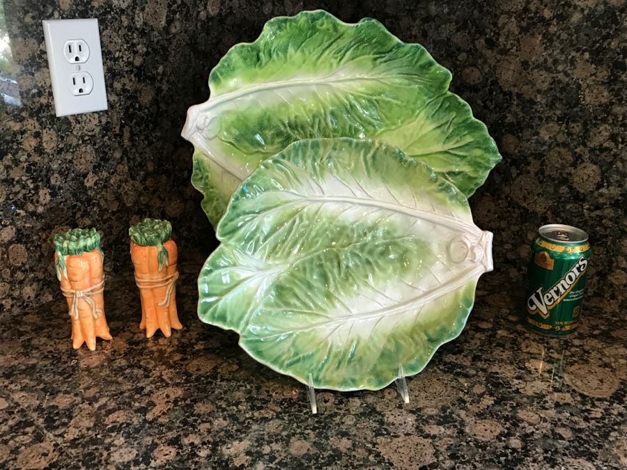 Set Of Large Italian Cabbage Leaf Plates With Acrylic Stands And Carrot Salt And Pepper Shakers [Photo 1]