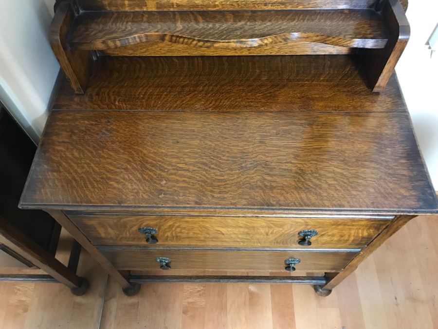 Antique Tiger Oak Dresser With Beveled Glass Mirror [Photo 7]
