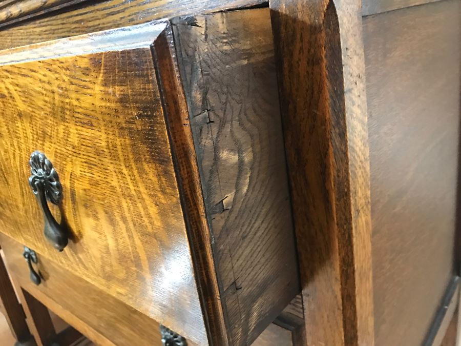 Antique Tiger Oak Dresser With Beveled Glass Mirror [Photo 10]