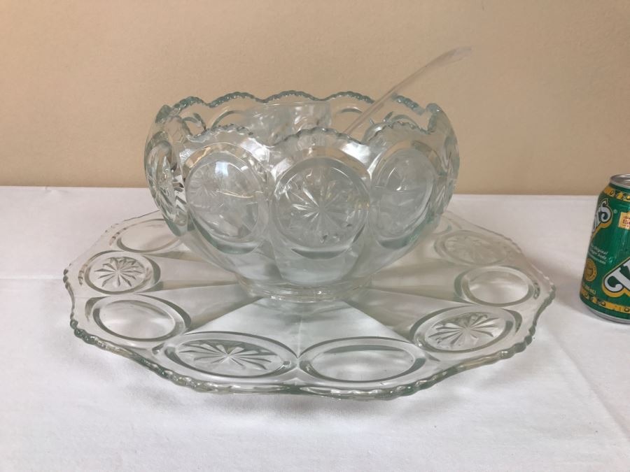 Vintage Glass Punch Bowl With Laddle And Cups