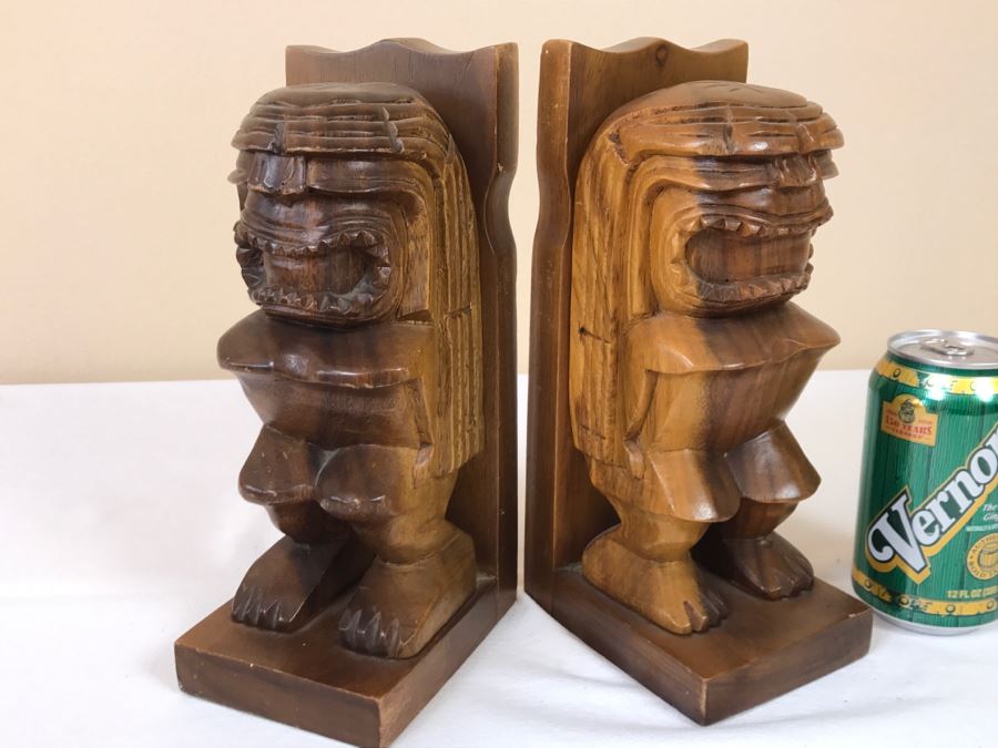 Pair Of Hand Carved Wooden TIKI Bookends