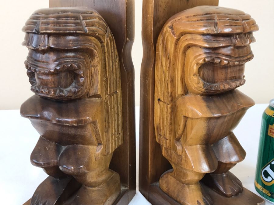 Pair Of Hand Carved Wooden TIKI Bookends