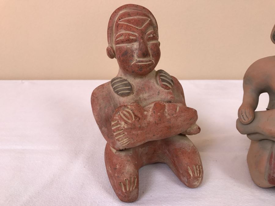 Pair Of Reproduction Mayan Clay Mother And Child Sculptures