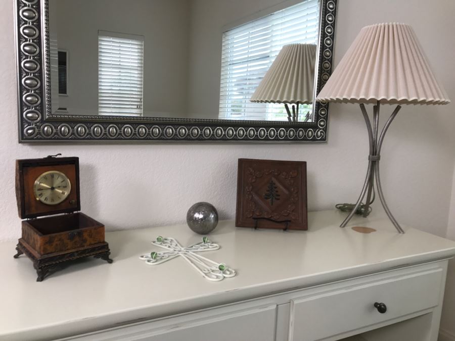 Items Shown On Cabinet: Metal Table Lamp, Decorative Clock, Cross, Decorative Plaque With Stand And Decorative Metal Ball [Photo 1]