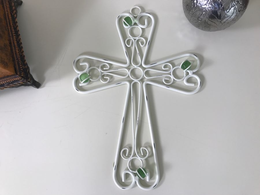 Items Shown On Cabinet: Metal Table Lamp, Decorative Clock, Cross, Decorative Plaque With Stand And Decorative Metal Ball [Photo 4]