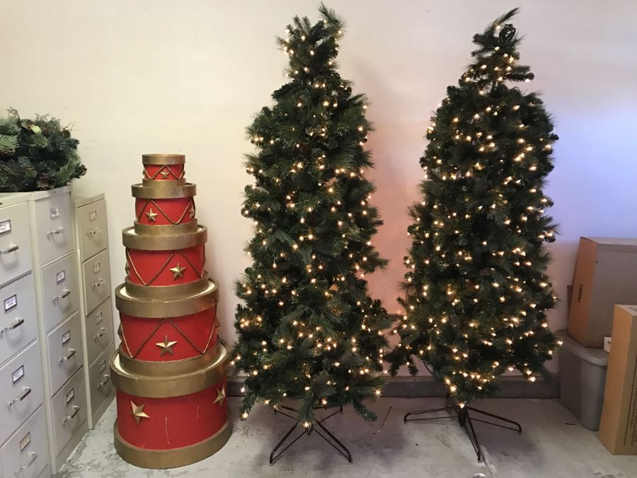Pair Of Lighted Artificial Christmas Trees With Built-In Stands And Set Of Round Stacking Boxes [Photo 1]