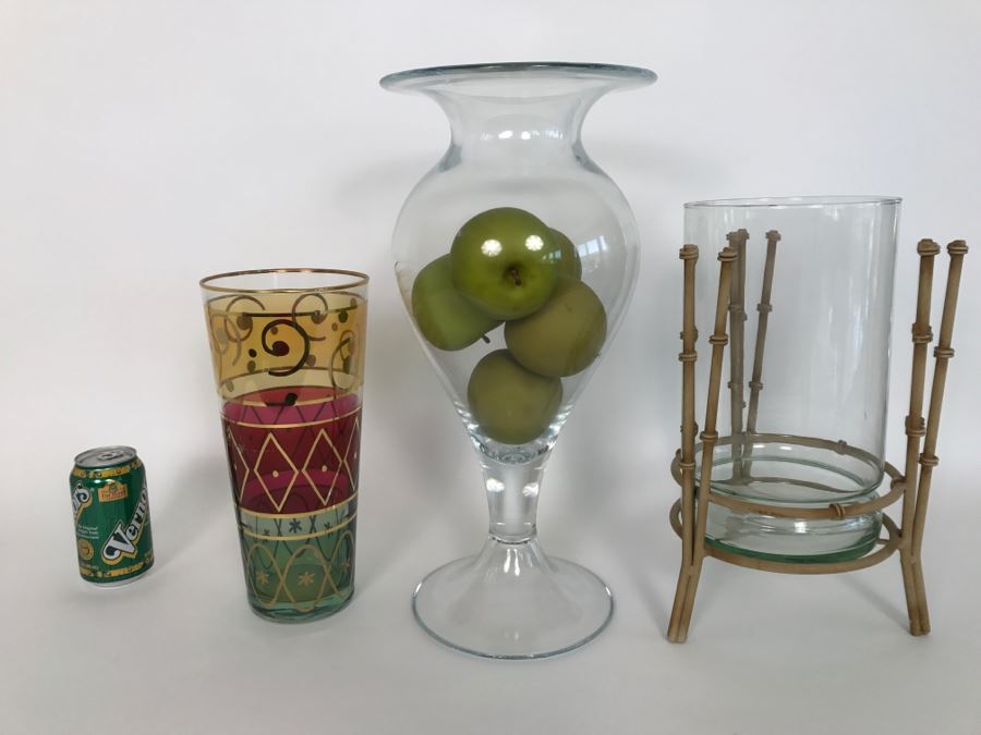 Set Of (3) Glass Vases With Artificial Apples And Metal Bamboo Stand [Photo 1]
