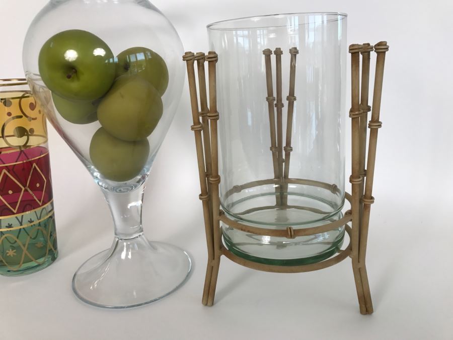 Set Of (3) Glass Vases With Artificial Apples And Metal Bamboo Stand [Photo 5]