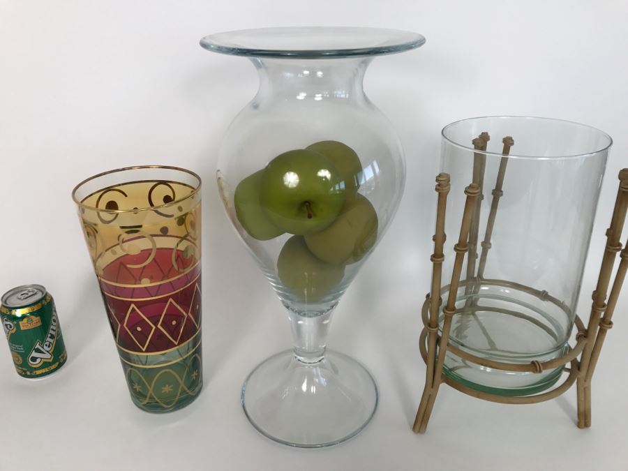 Set Of (3) Glass Vases With Artificial Apples And Metal Bamboo Stand [Photo 2]