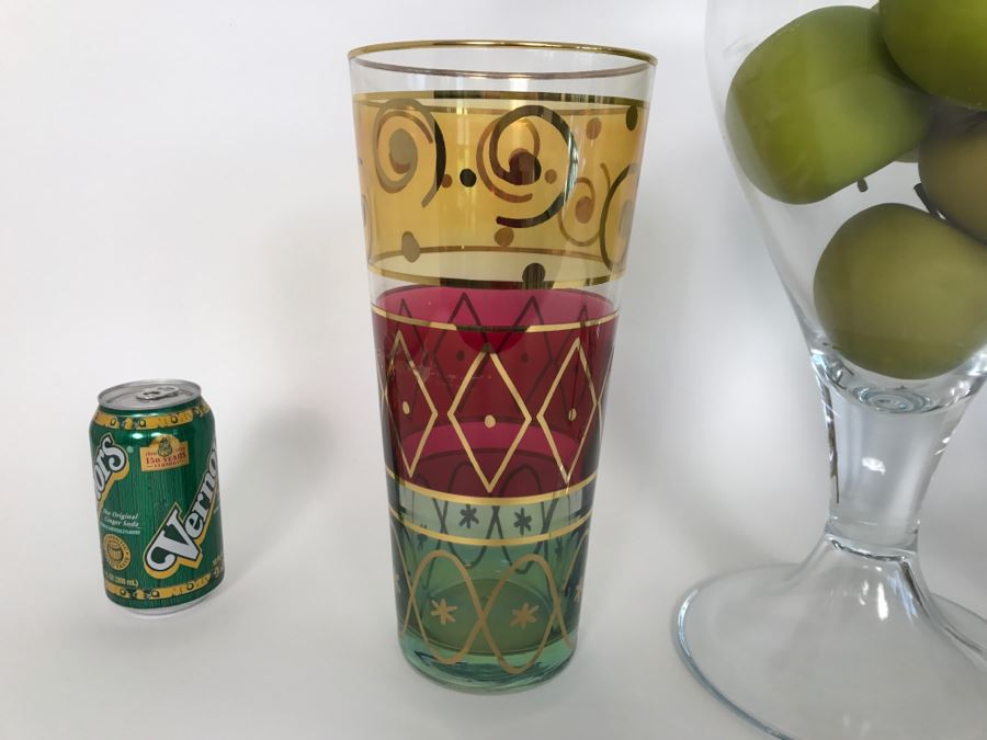 Set Of (3) Glass Vases With Artificial Apples And Metal Bamboo Stand [Photo 4]