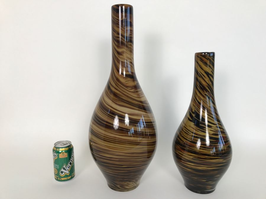Pair Of Tall Glass Ceramics Swirled Vases