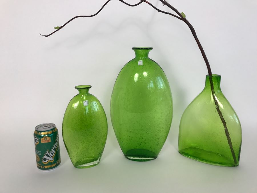 Set Of (3) AMICI Green Glass Vases