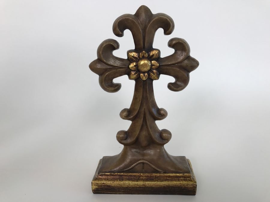 Home Decor Lot With Glass Plate With Stand, Ornamental Cross And Vintage Brass Iron [Photo 7]