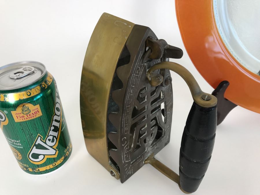 Home Decor Lot With Glass Plate With Stand, Ornamental Cross And Vintage Brass Iron [Photo 3]