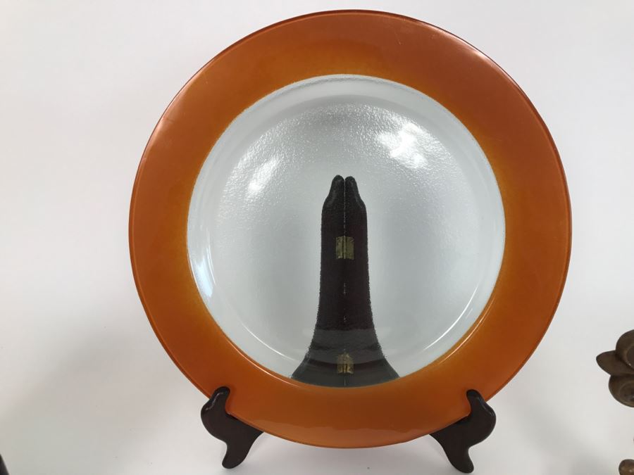 Home Decor Lot With Glass Plate With Stand, Ornamental Cross And Vintage Brass Iron [Photo 6]