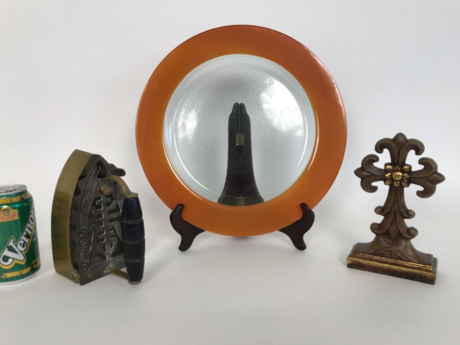Home Decor Lot With Glass Plate With Stand, Ornamental Cross And Vintage Brass Iron