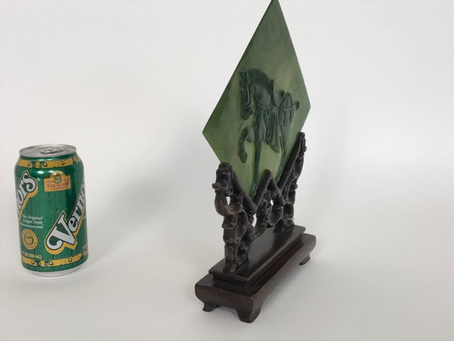 Decorative Relief Green Glass Horse With Wooden Stand [Photo 8]