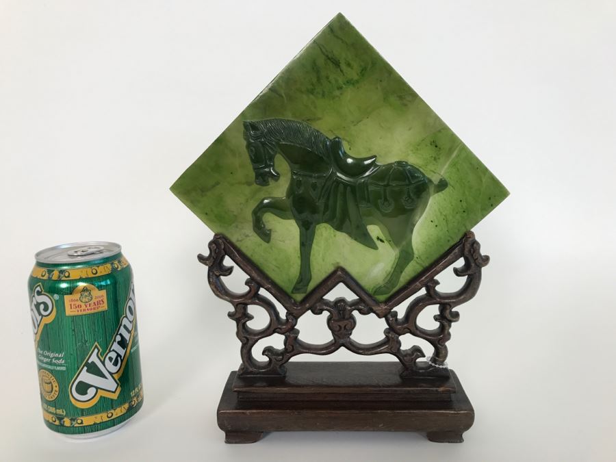 Decorative Relief Green Glass Horse With Wooden Stand