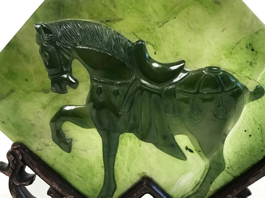 Decorative Relief Green Glass Horse With Wooden Stand [Photo 3]