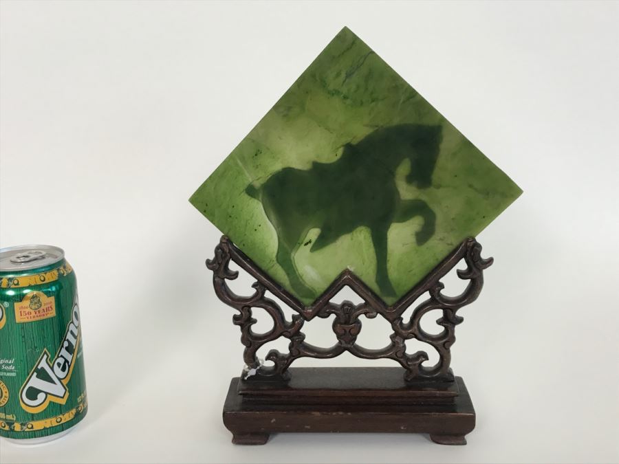 Decorative Relief Green Glass Horse With Wooden Stand [Photo 10]