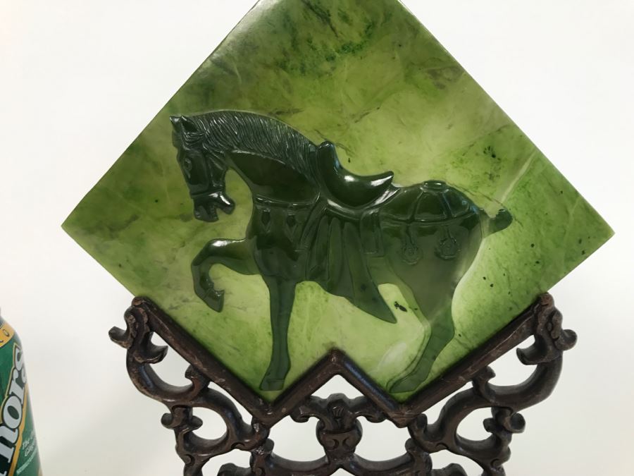 Decorative Relief Green Glass Horse With Wooden Stand [Photo 2]