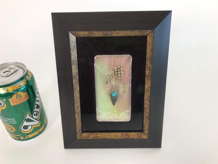 Framed Artwork Of Arrowhead With Turquoise And Feather Signed By John Mountain Lion 2011 [Photo 2]