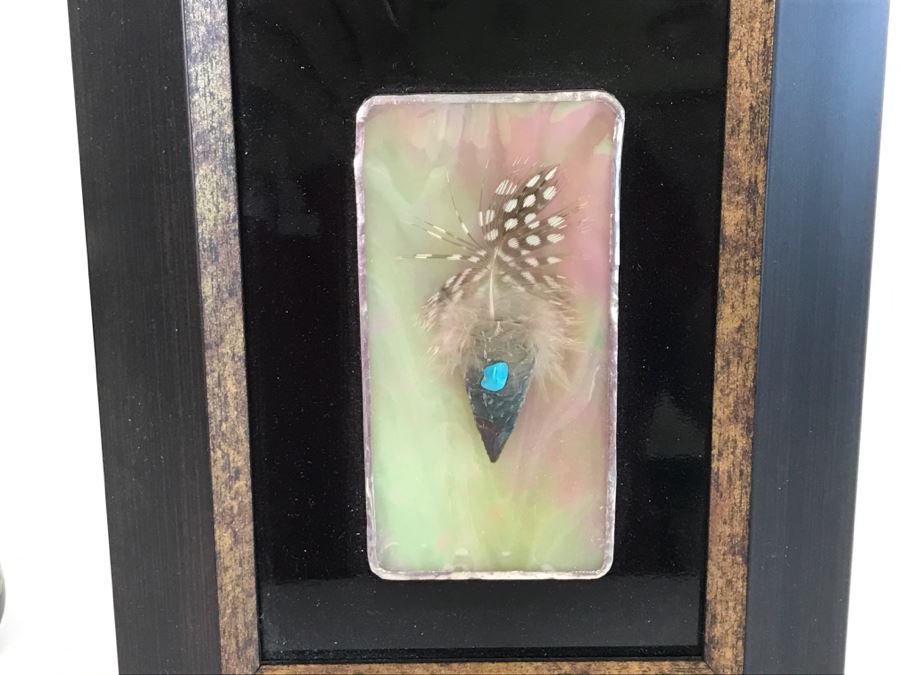 Framed Artwork Of Arrowhead With Turquoise And Feather Signed By John Mountain Lion 2011 [Photo 3]