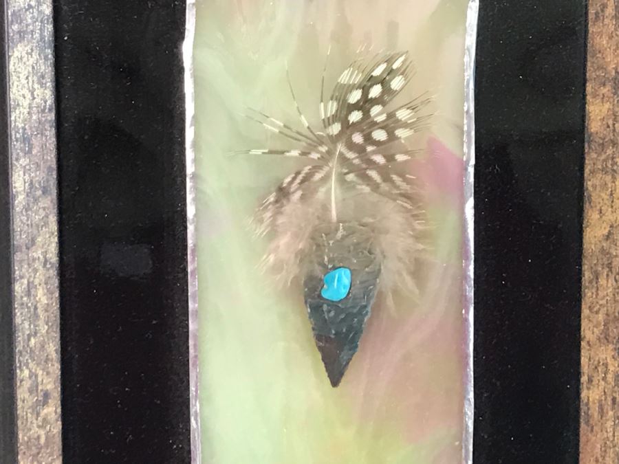 Framed Artwork Of Arrowhead With Turquoise And Feather Signed By John Mountain Lion 2011 [Photo 4]