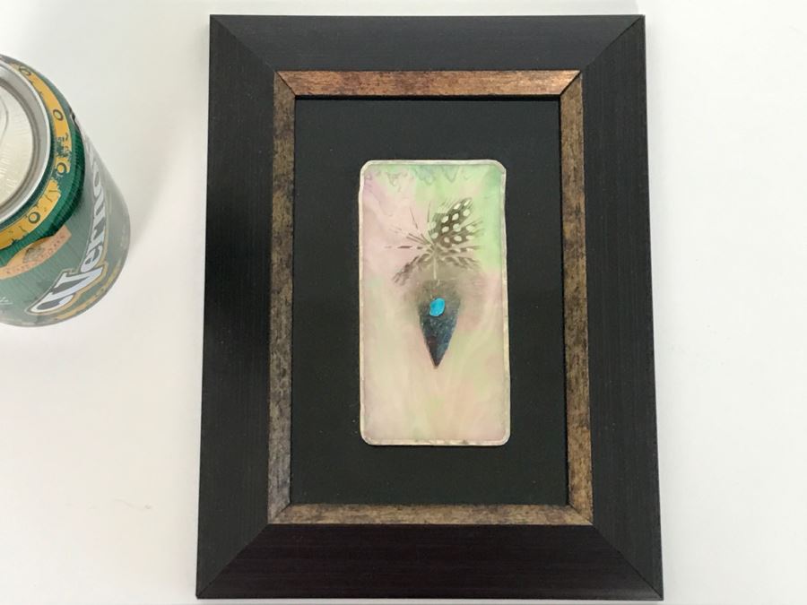 Framed Artwork Of Arrowhead With Turquoise And Feather Signed By John Mountain Lion 2011 [Photo 8]
