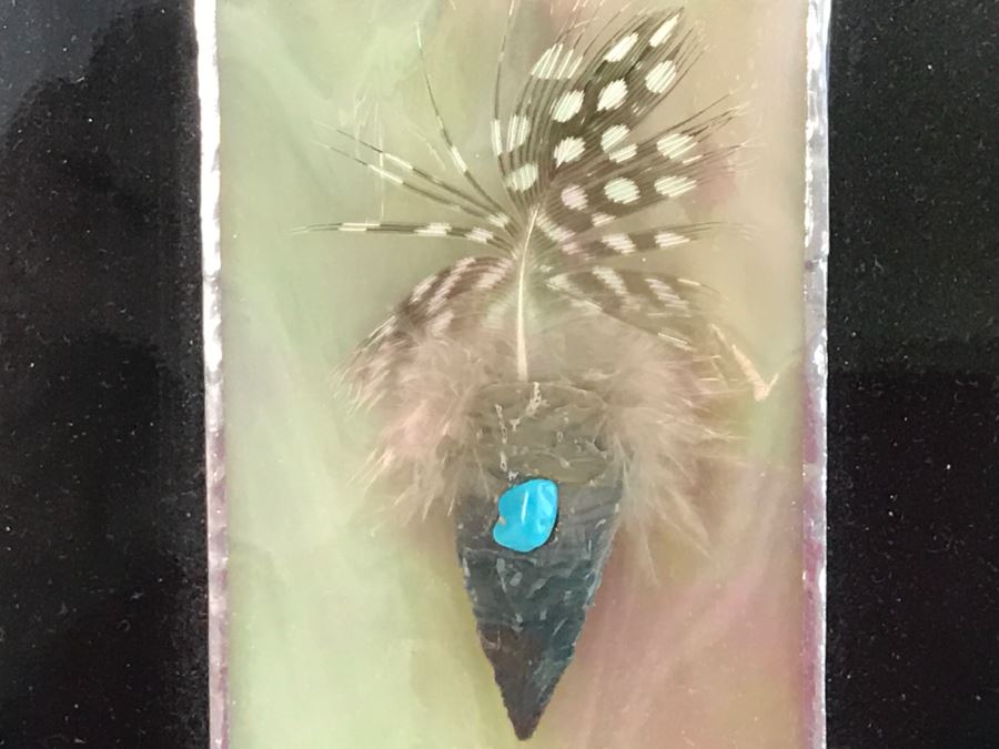 Framed Artwork Of Arrowhead With Turquoise And Feather Signed By John Mountain Lion 2011 [Photo 5]