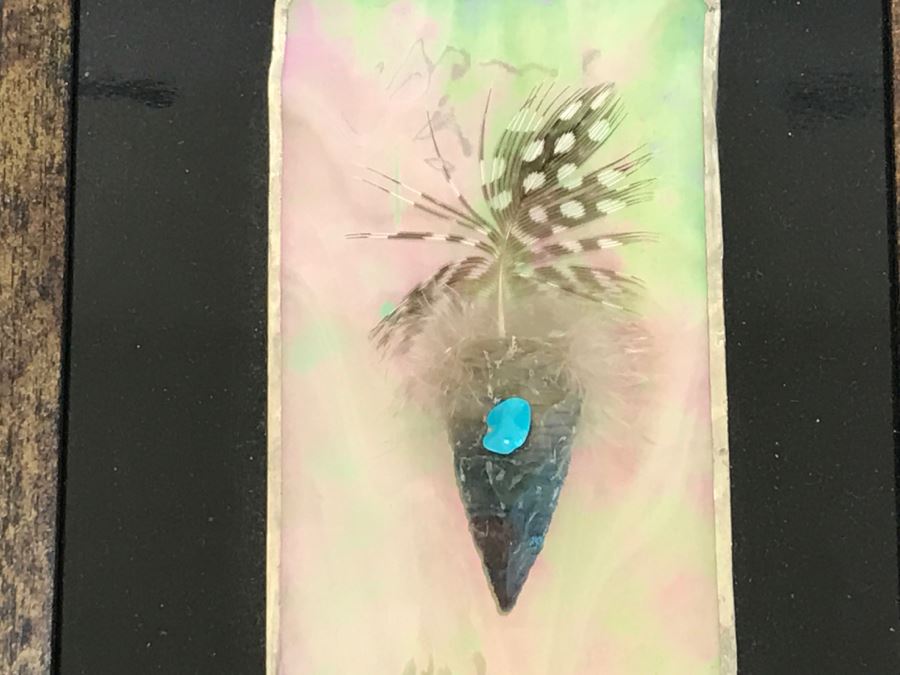 Framed Artwork Of Arrowhead With Turquoise And Feather Signed By John Mountain Lion 2011 [Photo 9]
