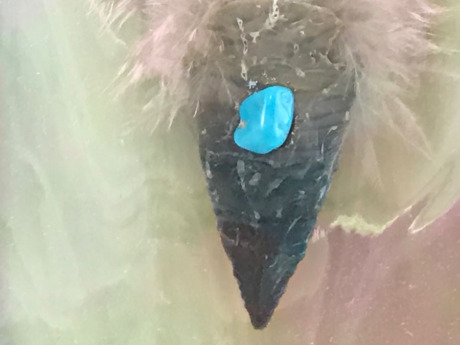 Framed Artwork Of Arrowhead With Turquoise And Feather Signed By John Mountain Lion 2011 [Photo 6]