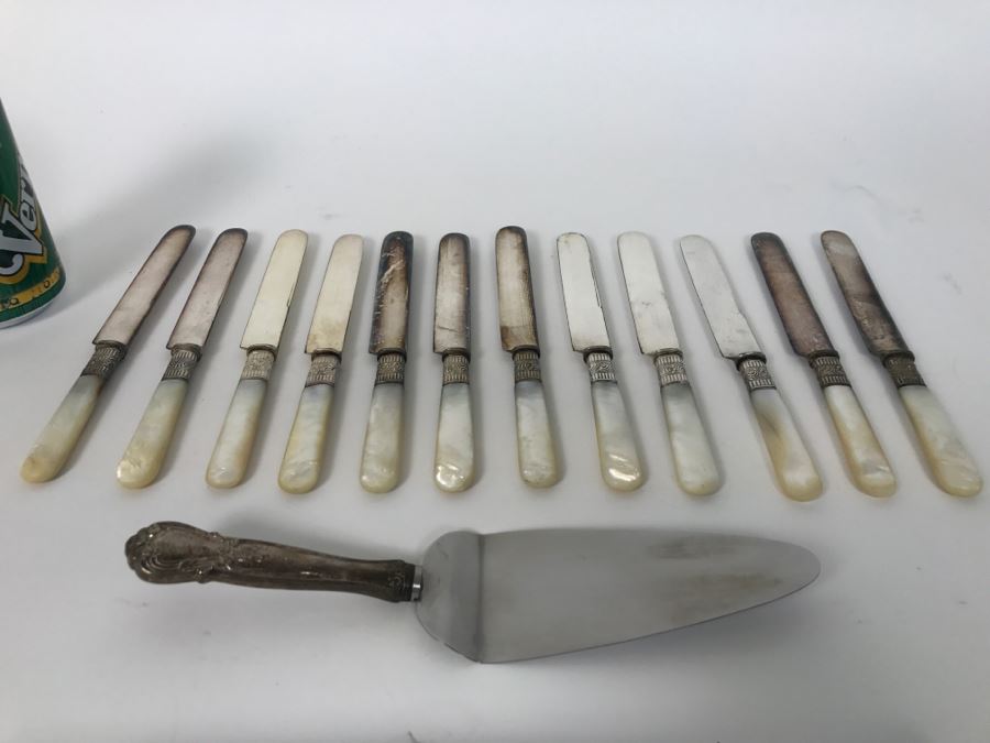 Set Of Vintage Sterling Silver And Mother Of Pearl Handle Knives By J.P. Stevens & Bro Atlanta GA Landers, Fray & Clark And Sterling Silver Handle Server