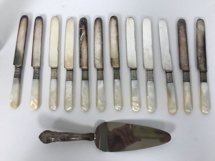 Set Of Vintage Sterling Silver And Mother Of Pearl Handle Knives By J.P. Stevens & Bro Atlanta GA Landers, Fray & Clark And Sterling Silver Handle Server [Photo 2]