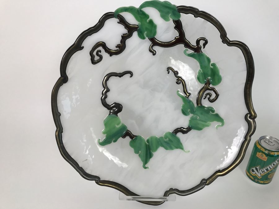 Large Art Glass Plate With Vine Motif Signed Clarita 1998 M. Leeds With Acrylic Stand [Photo 5]