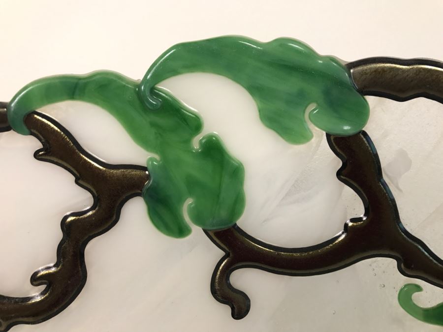 Large Art Glass Plate With Vine Motif Signed Clarita 1998 M. Leeds With Acrylic Stand [Photo 2]