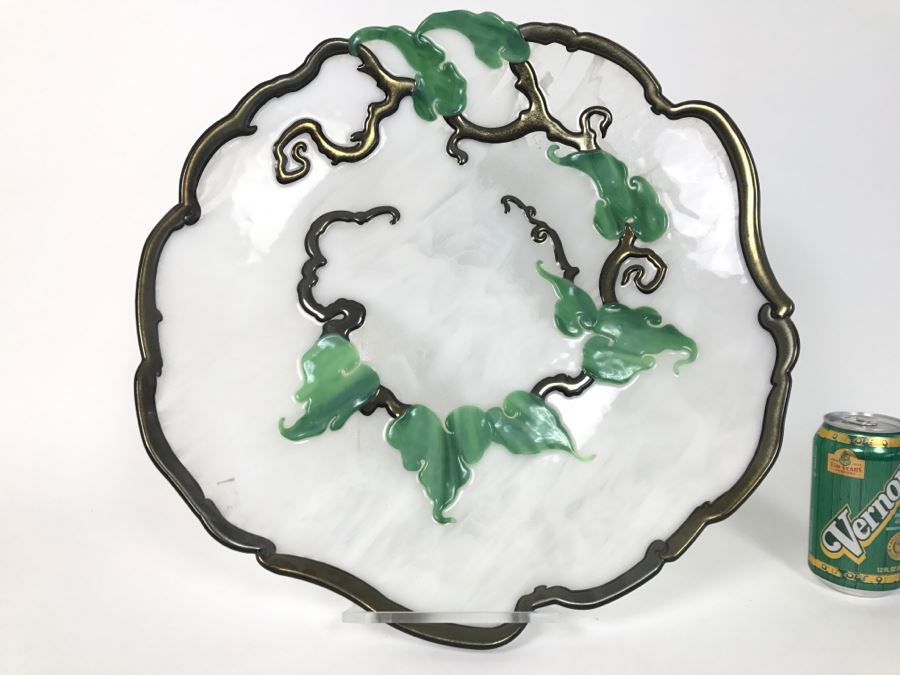 Large Art Glass Plate With Vine Motif Signed Clarita 1998 M. Leeds With Acrylic Stand [Photo 1]