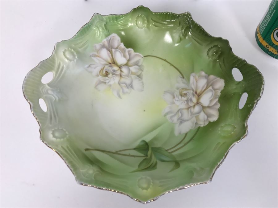 Set Of RS Germany Vintage Hand Painted Handled China Bowls With Metal Bamboo Stand [Photo 2]