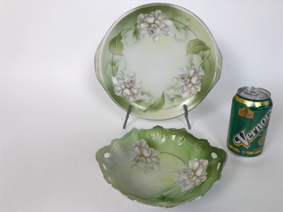 Set Of RS Germany Vintage Hand Painted Handled China Bowls With Metal Bamboo Stand [Photo 1]