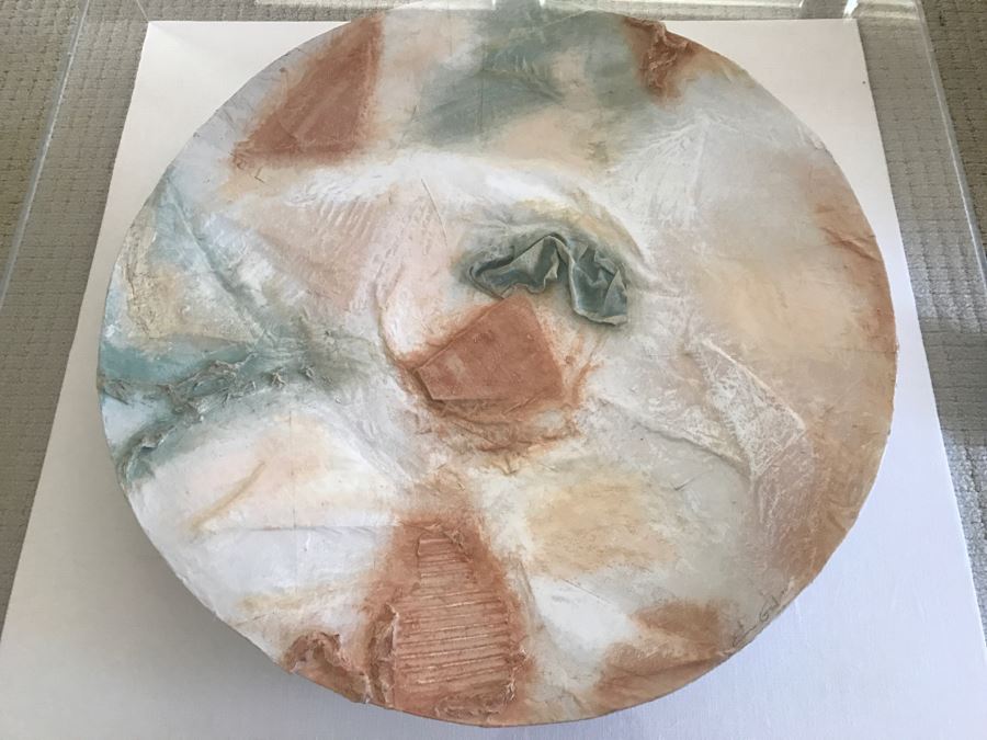 Large Signed 1990 E Gail Relief Plate Bowl Sculpture With Crumpled Paper Cardboard Design In Acrylic Shadowbox Frame [Photo 12]