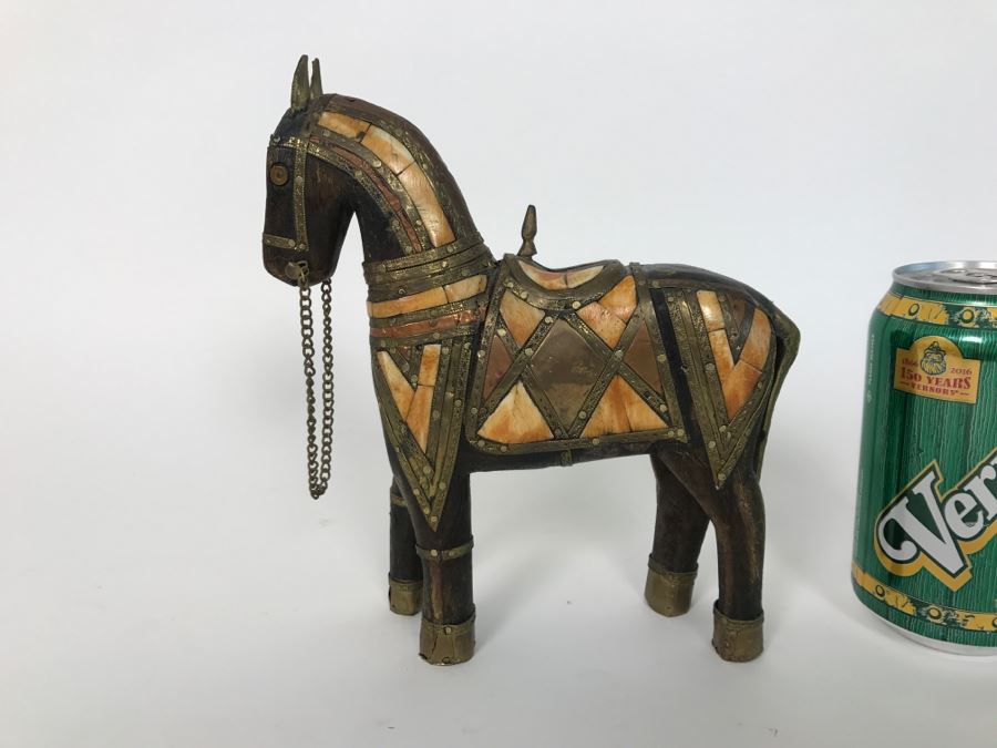 Wooden Horse With Metal And Stone Inlaid