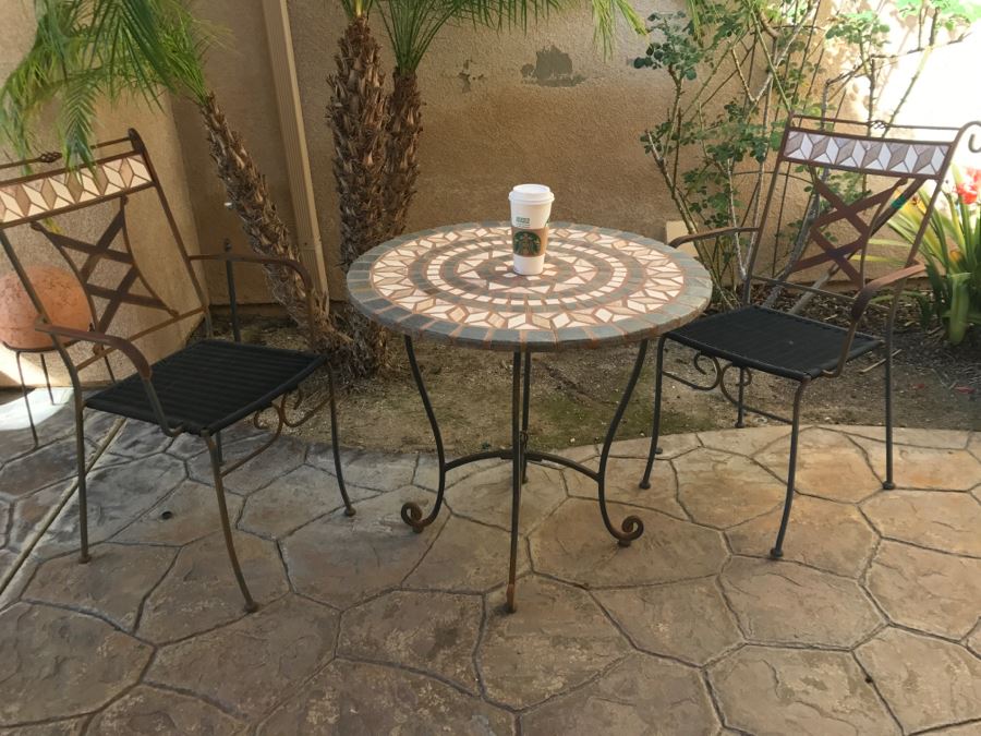 Metal Tile Top Table With Pair Of Outdoor Chairs